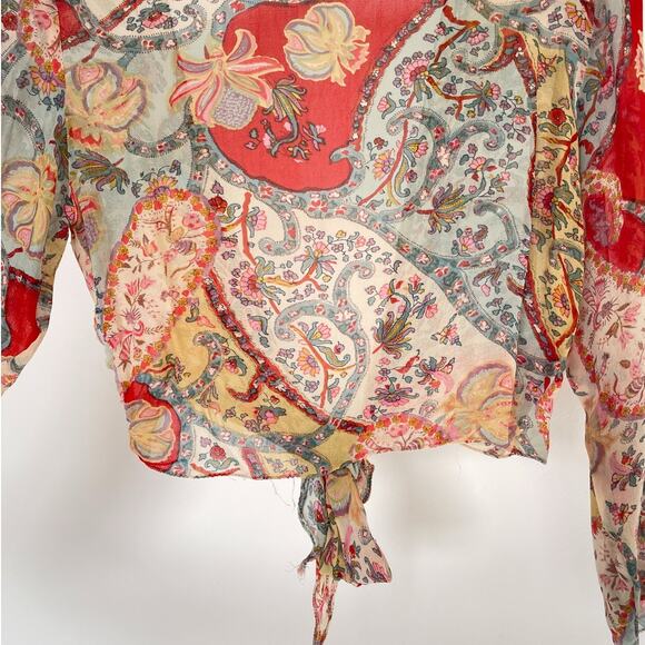 Vintage 90s Y2K Sheer Beaded Paisley Open Tied Top / Sz M / Boho Hippie Crop - Picture 7 of 8